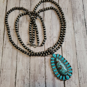 Long Oval Drop Pendant with Beaded Chain