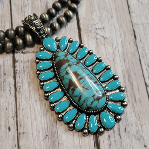 Long Oval Drop Pendant with Beaded Chain