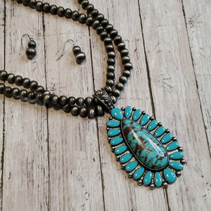 Long Oval Drop Pendant with Beaded Chain