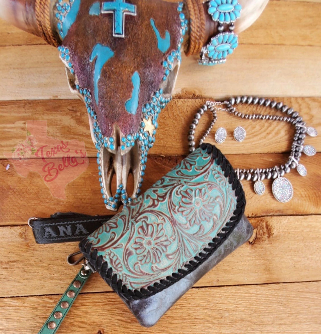 Black & Turquoise Tooled Wristlet/Crossbody